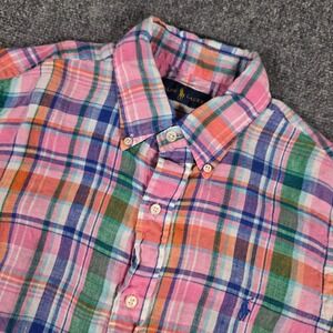 Ralph Lauren Linen Button Down Shirt Mens M Pink Multicolor Plaid Short Sleeve